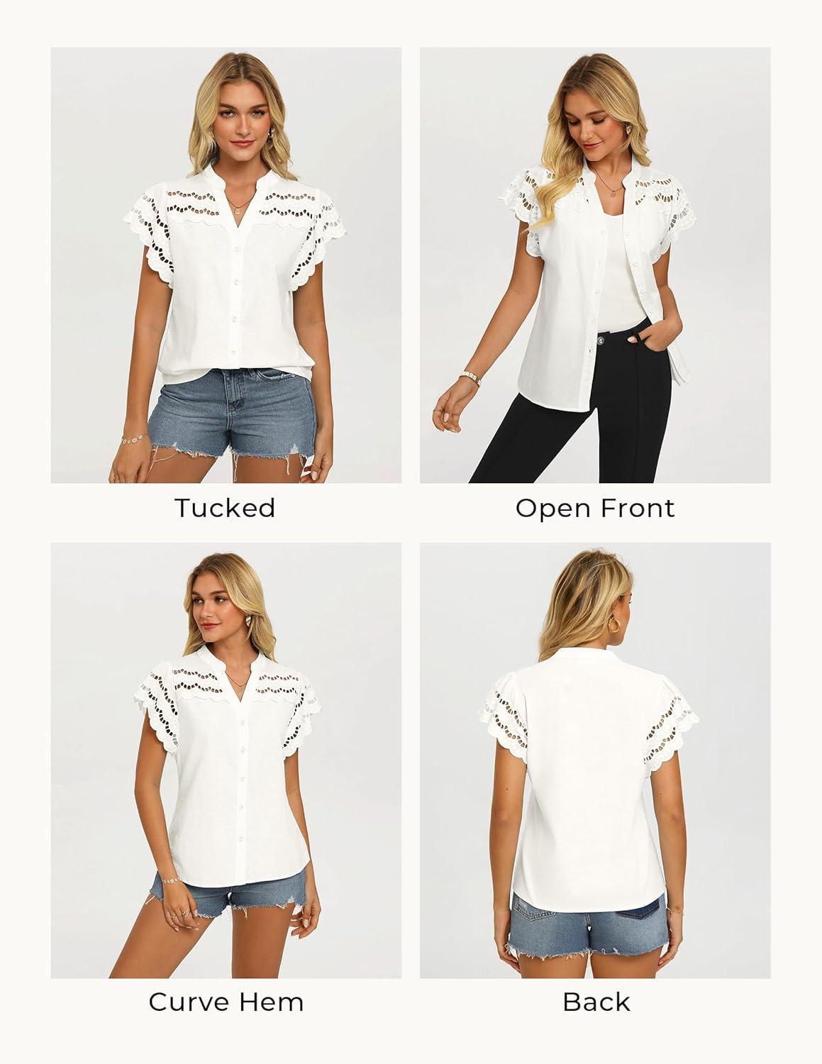 imageGRACE KARIN Womens Summer Tops Cotton Linen Eyelet Flowy Blouses Beach Vacation V Neck Button Down Shirts Trendy Clothes 2026White