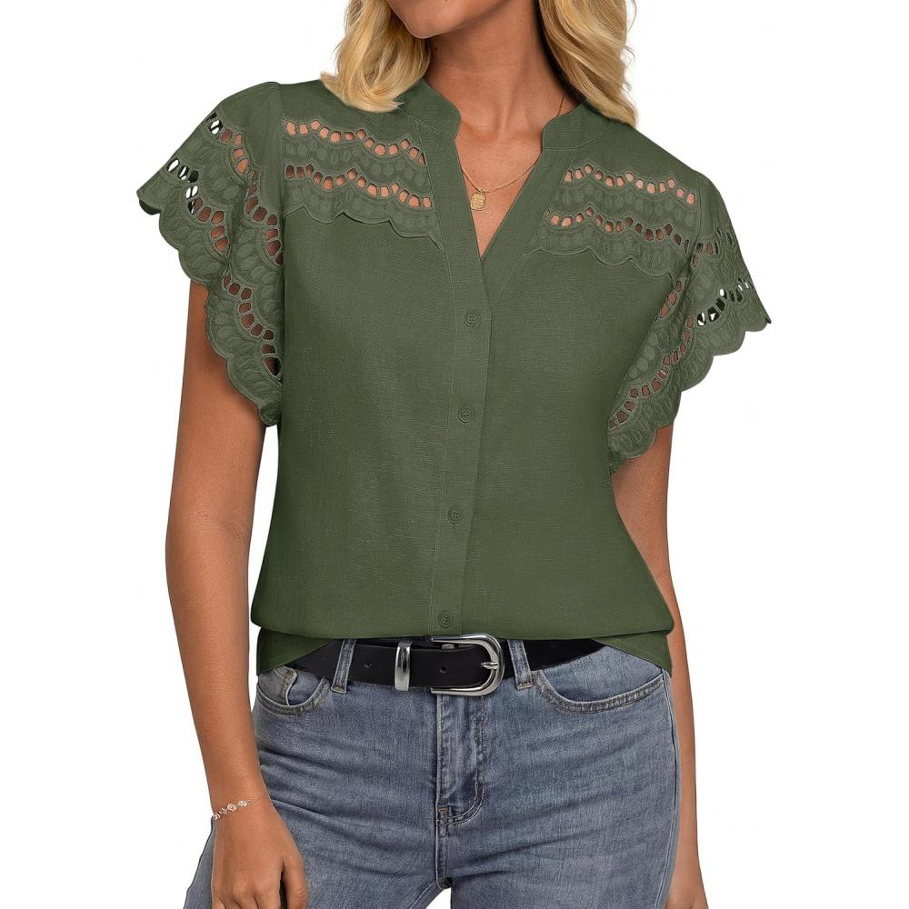 imageGRACE KARIN Womens Summer Tops Cotton Linen Eyelet Flowy Blouses Beach Vacation V Neck Button Down Shirts Trendy Clothes 2026Army Green