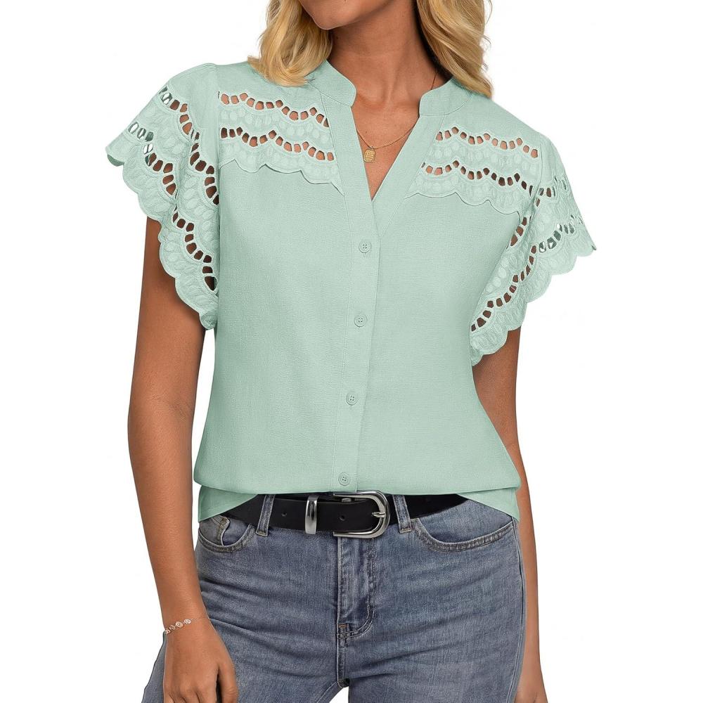 imageGRACE KARIN Womens Summer Tops Cotton Linen Eyelet Flowy Blouses Beach Vacation V Neck Button Down Shirts Trendy Clothes 2026Light Green