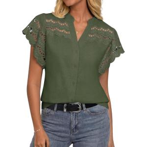 GRACE KARIN Womens Summer Tops Cotton Linen Eyelet Flowy Blouses Beach Vacation V Neck Button Down Shirts Trendy Clothes 2026(Army Green)