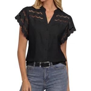 GRACE KARIN Womens Summer Tops Cotton Linen Eyelet Flowy Blouses Beach Vacation V Neck Button Down Shirts Trendy Clothes 2026(Black)