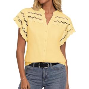 GRACE KARIN Womens Summer Tops Cotton Linen Eyelet Flowy Blouses Beach Vacation V Neck Button Down Shirts Trendy Clothes 2026(Butter Yellow)