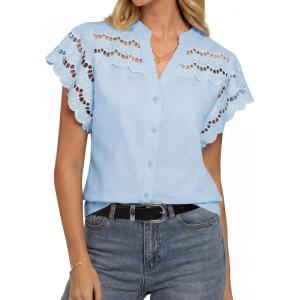 GRACE KARIN Womens Summer Tops Cotton Linen Eyelet Flowy Blouses Beach Vacation V Neck Button Down Shirts Trendy Clothes 2026(Light Blue)