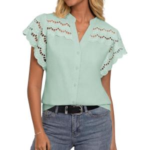 GRACE KARIN Womens Summer Tops Cotton Linen Eyelet Flowy Blouses Beach Vacation V Neck Button Down Shirts Trendy Clothes 2026(Light Green)