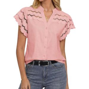 GRACE KARIN Womens Summer Tops Cotton Linen Eyelet Flowy Blouses Beach Vacation V Neck Button Down Shirts Trendy Clothes 2026(Light Pink)