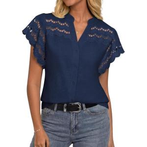 GRACE KARIN Womens Summer Tops Cotton Linen Eyelet Flowy Blouses Beach Vacation V Neck Button Down Shirts Trendy Clothes 2026(Navy Blue)