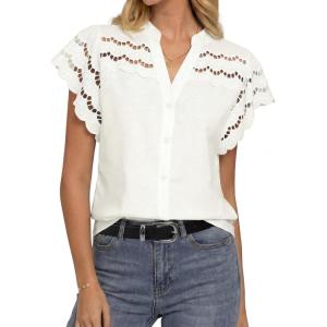 GRACE KARIN Womens Summer Tops Cotton Linen Eyelet Flowy Blouses Beach Vacation V Neck Button Down Shirts Trendy Clothes 2026(White)
