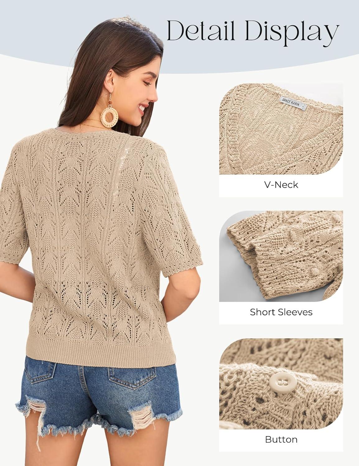 imageGRACE KARIN Short Sleeve Cardigan for Women Lightweight Summer Crochet Cropped Sweaters Button Open Front Knit Shrugs 2026Apricot