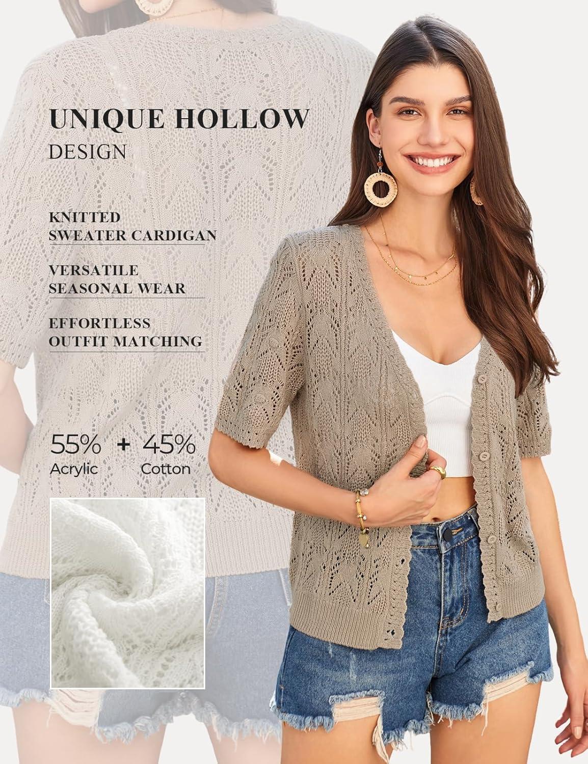 imageGRACE KARIN Short Sleeve Cardigan for Women Lightweight Summer Crochet Cropped Sweaters Button Open Front Knit Shrugs 2026Apricot