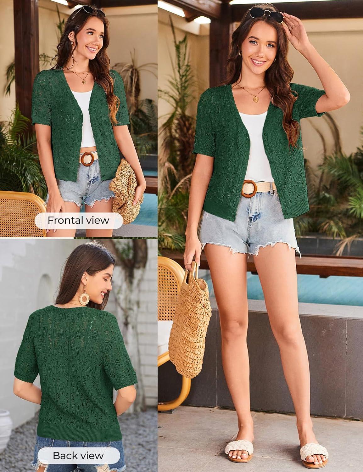 imageGRACE KARIN Short Sleeve Cardigan for Women Lightweight Summer Crochet Cropped Sweaters Button Open Front Knit Shrugs 2026Dark Green