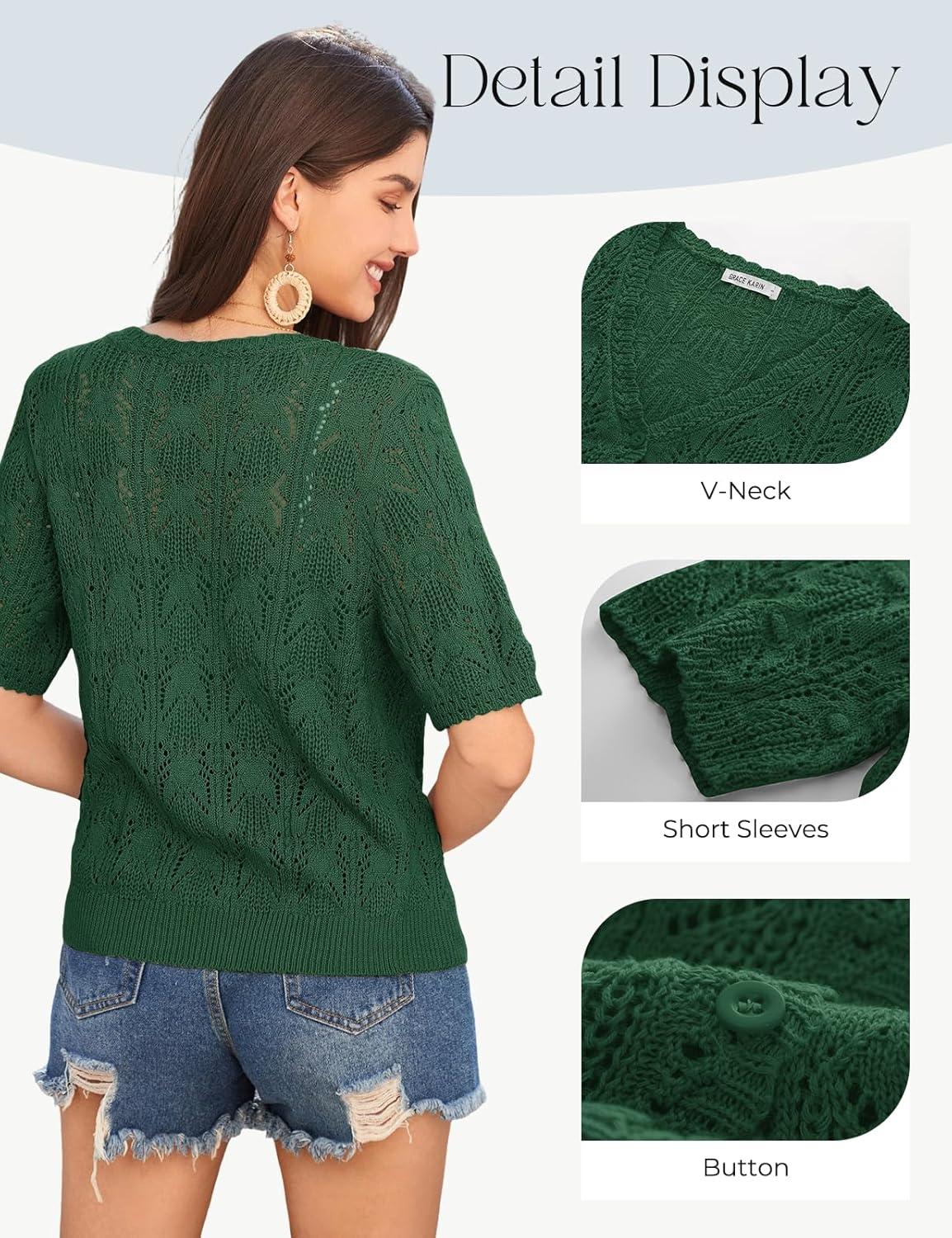 imageGRACE KARIN Short Sleeve Cardigan for Women Lightweight Summer Crochet Cropped Sweaters Button Open Front Knit Shrugs 2026Dark Green