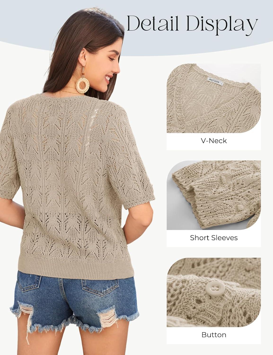 imageGRACE KARIN Short Sleeve Cardigan for Women Lightweight Summer Crochet Cropped Sweaters Button Open Front Knit Shrugs 2026Grey Apricot