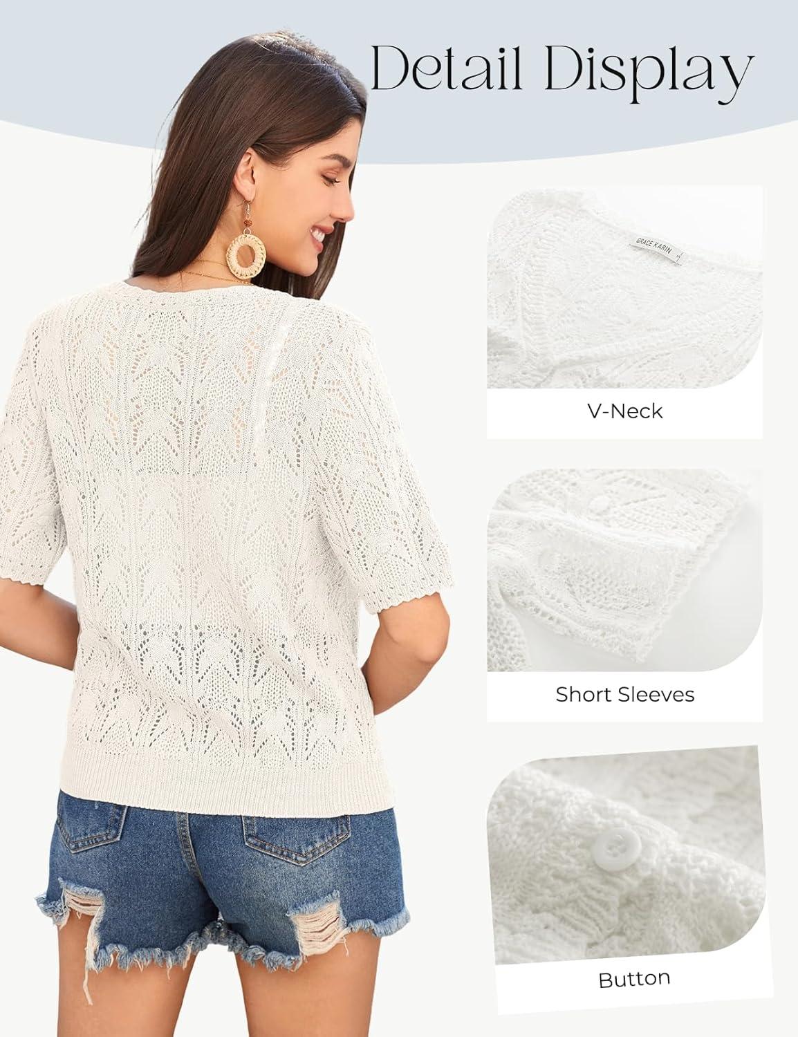 imageGRACE KARIN Short Sleeve Cardigan for Women Lightweight Summer Crochet Cropped Sweaters Button Open Front Knit Shrugs 2026Ivory White