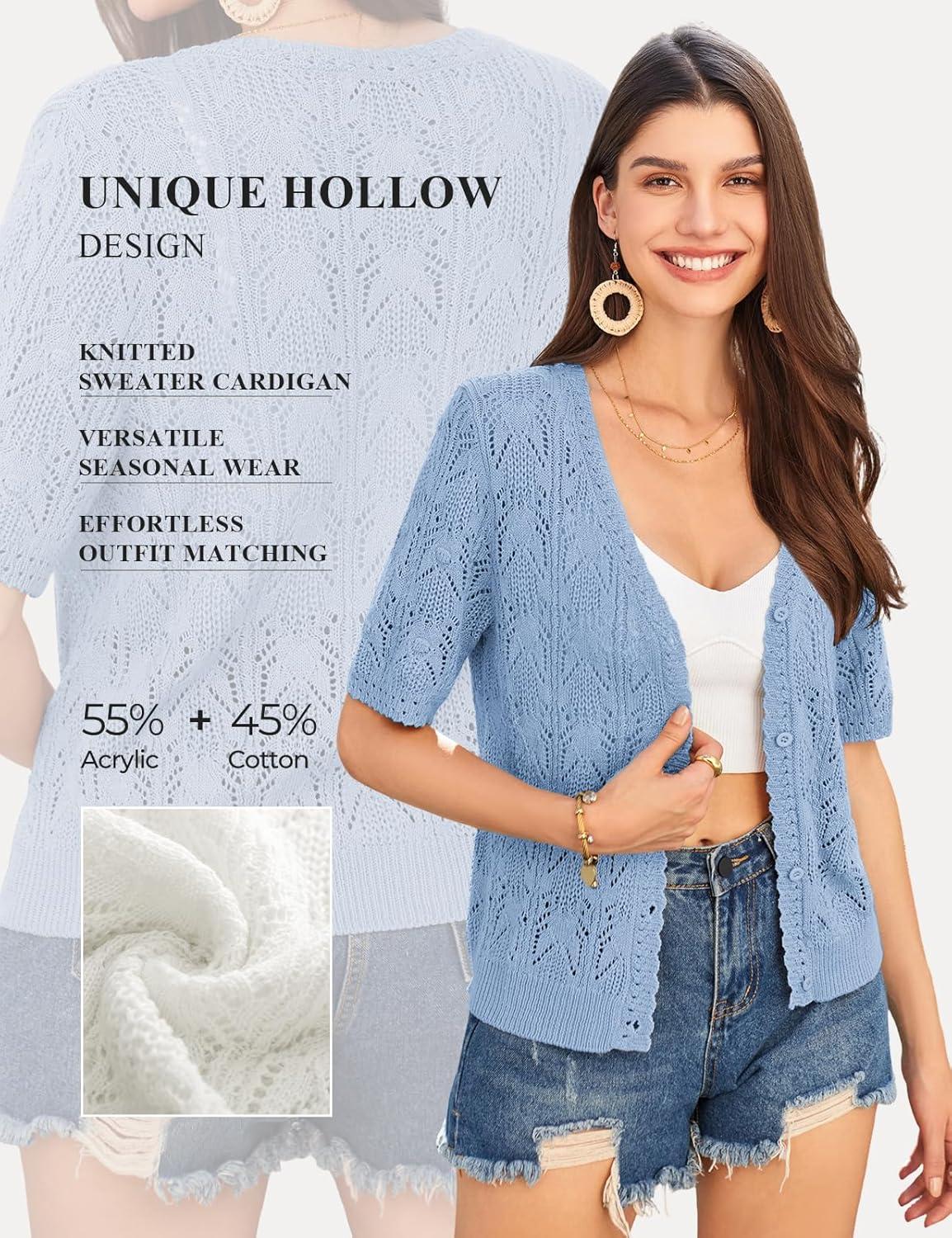imageGRACE KARIN Short Sleeve Cardigan for Women Lightweight Summer Crochet Cropped Sweaters Button Open Front Knit Shrugs 2026Light Blue