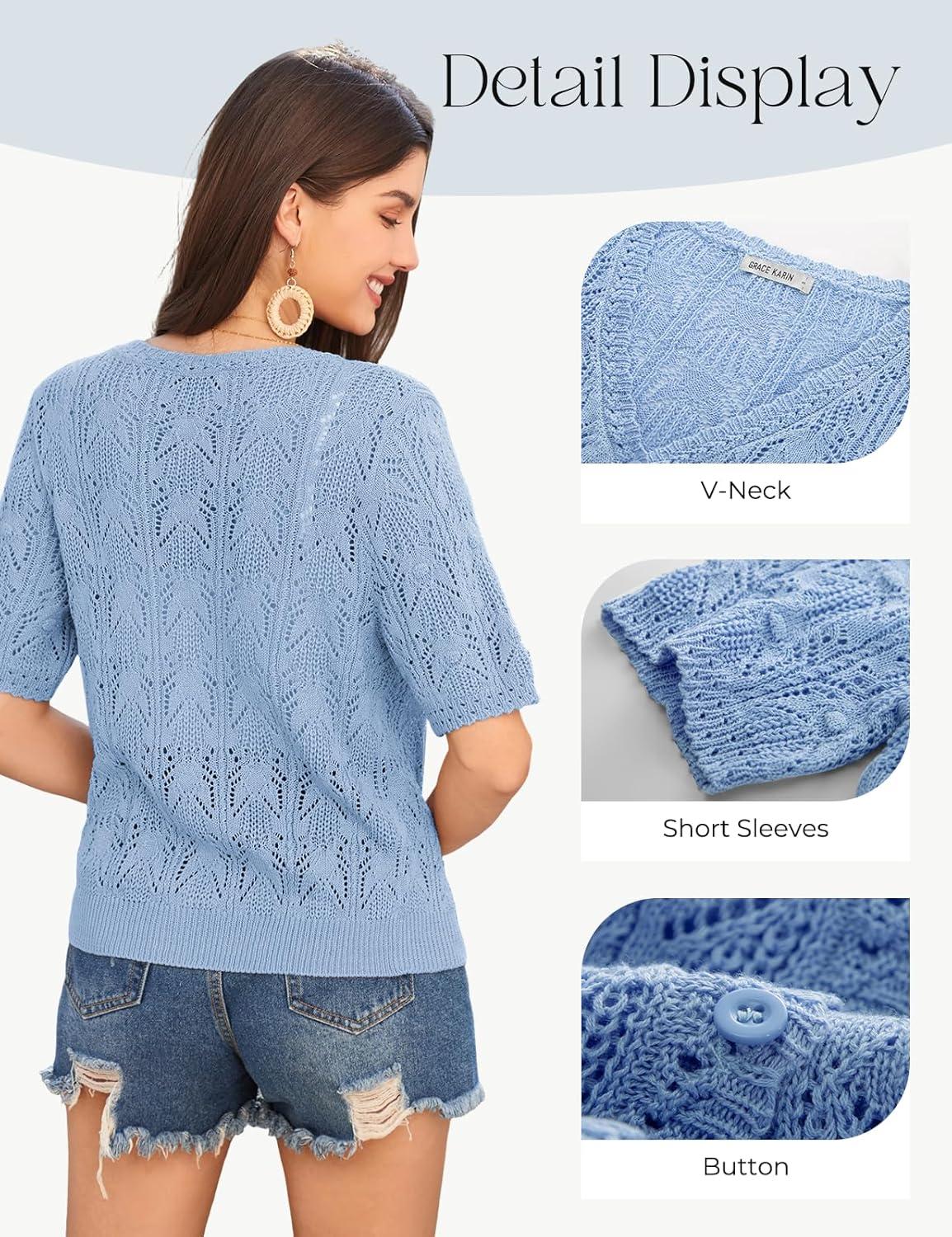 imageGRACE KARIN Short Sleeve Cardigan for Women Lightweight Summer Crochet Cropped Sweaters Button Open Front Knit Shrugs 2026Light Blue