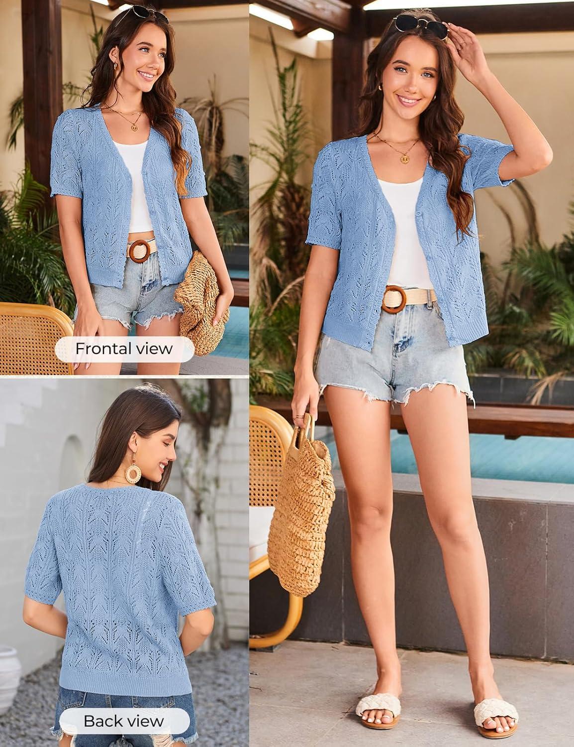 imageGRACE KARIN Short Sleeve Cardigan for Women Lightweight Summer Crochet Cropped Sweaters Button Open Front Knit Shrugs 2026Light Blue