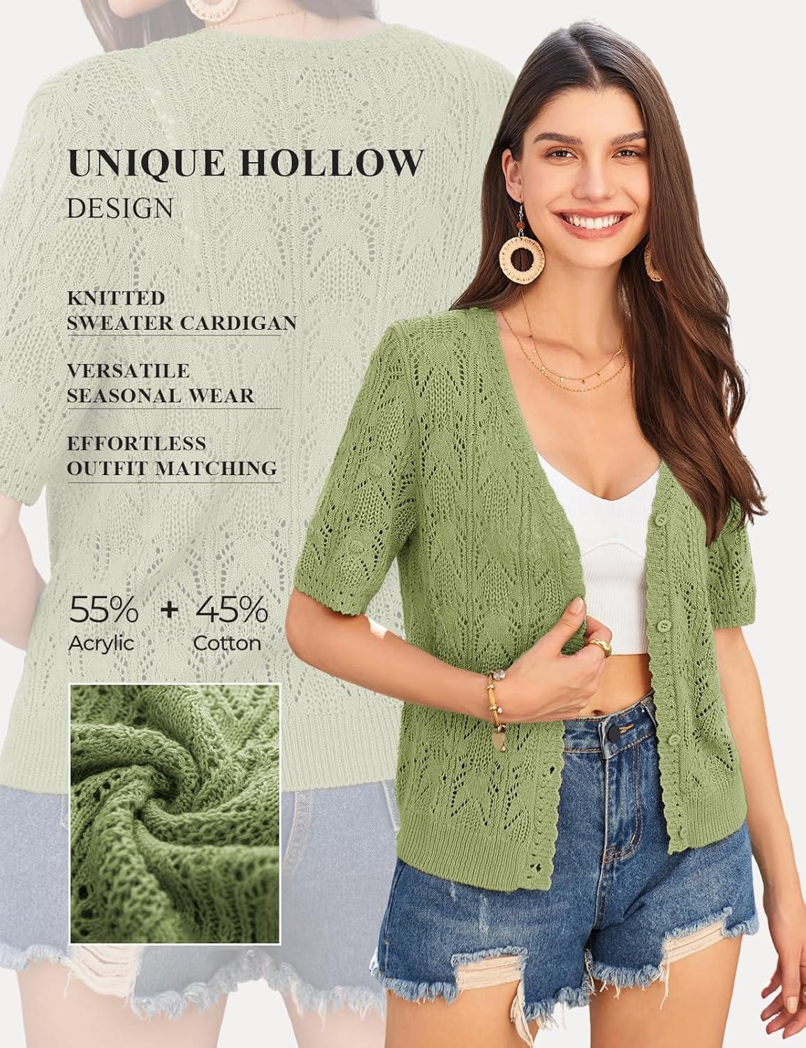 imageGRACE KARIN Short Sleeve Cardigan for Women Lightweight Summer Crochet Cropped Sweaters Button Open Front Knit Shrugs 2026Light Green