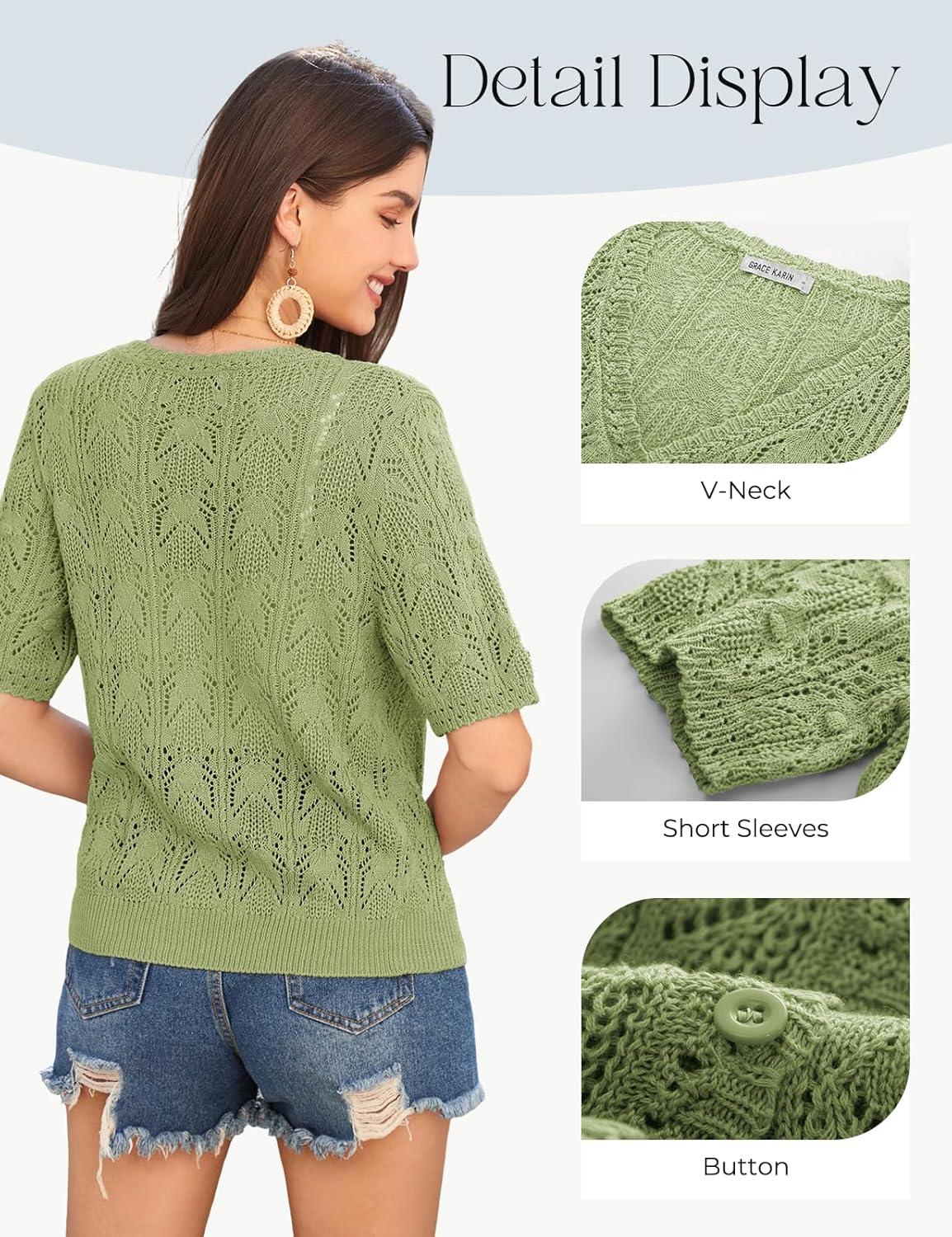 imageGRACE KARIN Short Sleeve Cardigan for Women Lightweight Summer Crochet Cropped Sweaters Button Open Front Knit Shrugs 2026Light Green