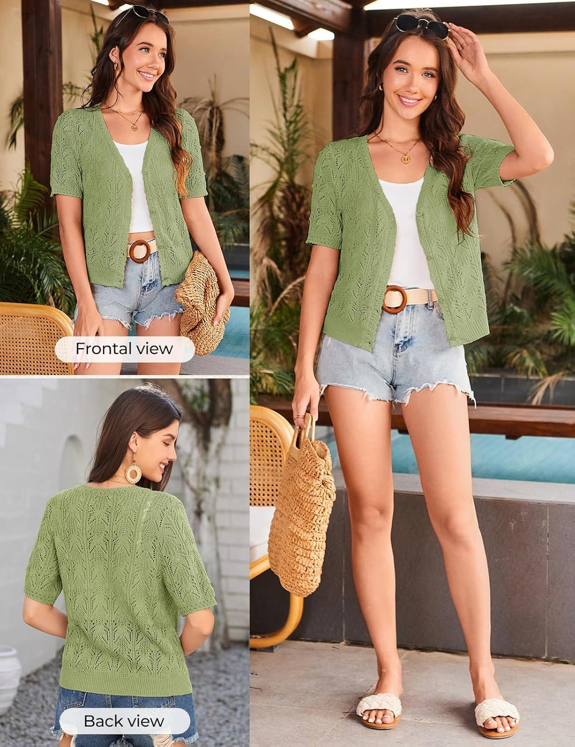 imageGRACE KARIN Short Sleeve Cardigan for Women Lightweight Summer Crochet Cropped Sweaters Button Open Front Knit Shrugs 2026Light Green