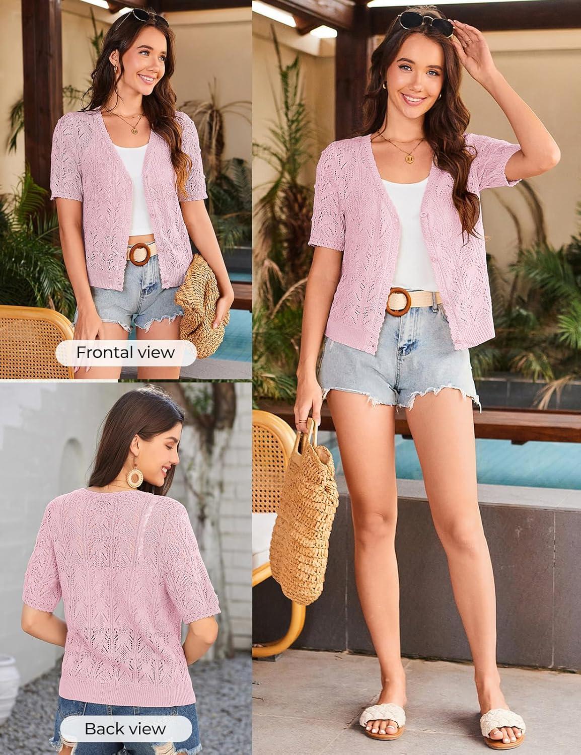 imageGRACE KARIN Short Sleeve Cardigan for Women Lightweight Summer Crochet Cropped Sweaters Button Open Front Knit Shrugs 2026Light Pink