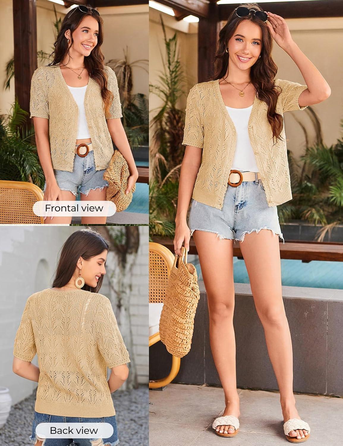 imageGRACE KARIN Short Sleeve Cardigan for Women Lightweight Summer Crochet Cropped Sweaters Button Open Front Knit Shrugs 2026Yellow Apricot