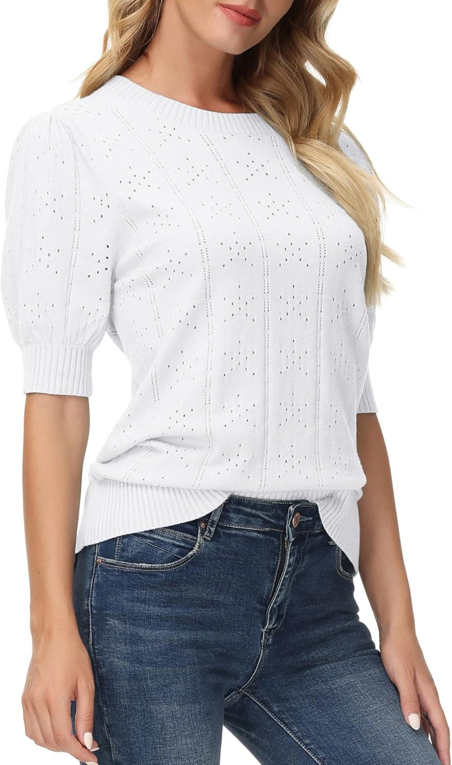 imageGRACE KARIN Summer Puff Short Sleeve Tops for Women 2026 Cute Crew Neck Crochet Blouse Dressy Casual Thin Pullover SweaterBright White