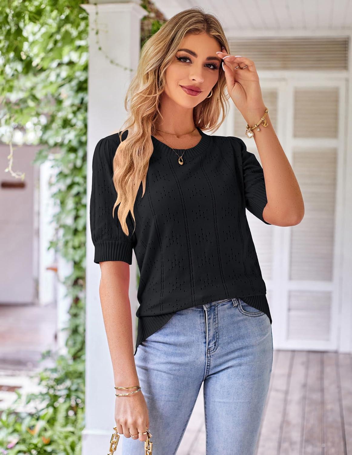 imageGRACE KARIN Summer Puff Short Sleeve Tops for Women 2026 Cute Crew Neck Crochet Blouse Dressy Casual Thin Pullover SweaterDark Black