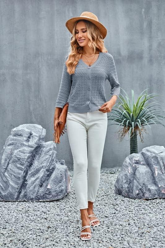 imageGRACE KARIN Women Lightweigt Cardigan 2026 Spring 34 Sleeve Crochet Sweaters Summer Cropped Knit Trendy Shrug TopsGray Blue