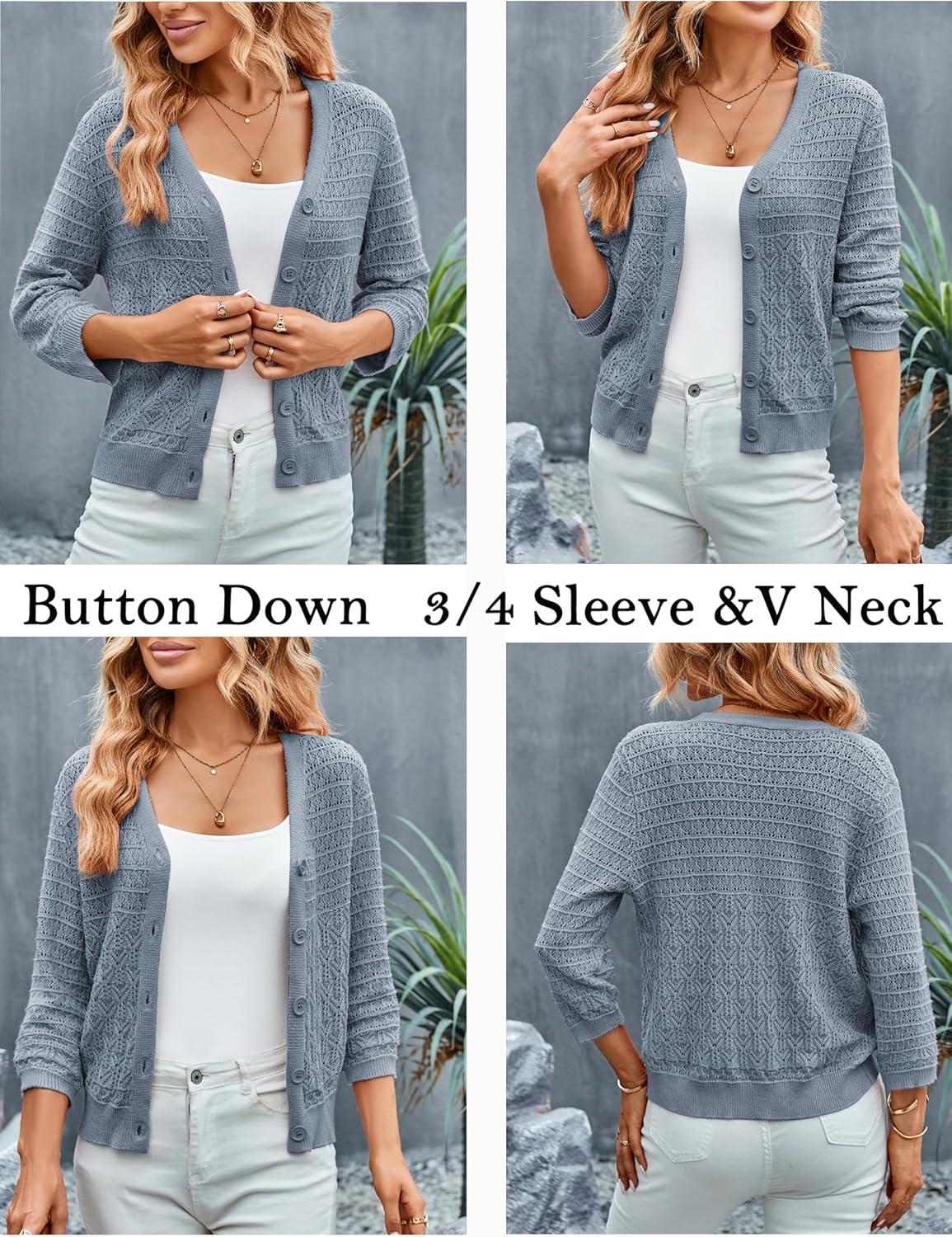 imageGRACE KARIN Women Lightweigt Cardigan 2026 Spring 34 Sleeve Crochet Sweaters Summer Cropped Knit Trendy Shrug TopsGray Blue