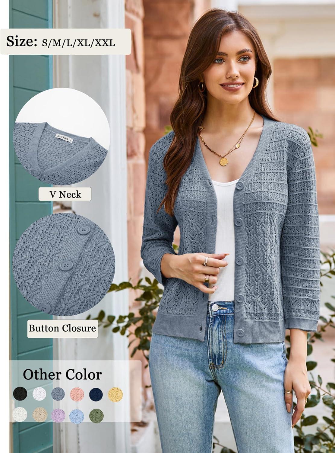 imageGRACE KARIN Women Lightweigt Cardigan 2026 Spring 34 Sleeve Crochet Sweaters Summer Cropped Knit Trendy Shrug TopsGray Blue