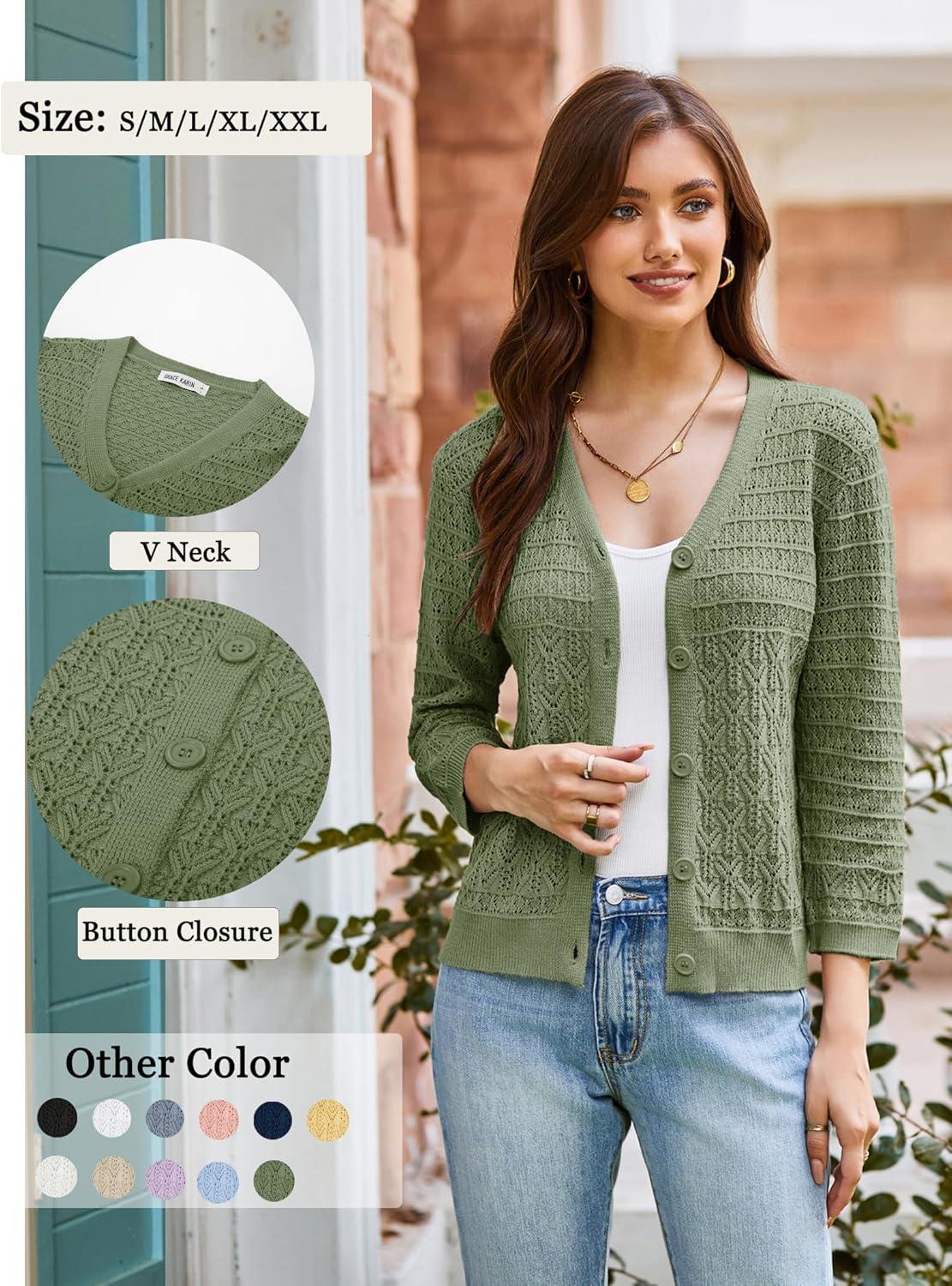imageGRACE KARIN Women Lightweigt Cardigan 2026 Spring 34 Sleeve Crochet Sweaters Summer Cropped Knit Trendy Shrug TopsGreen