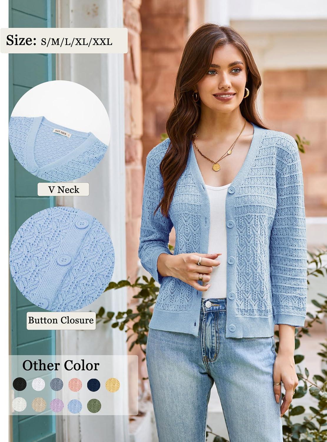 imageGRACE KARIN Women Lightweigt Cardigan 2026 Spring 34 Sleeve Crochet Sweaters Summer Cropped Knit Trendy Shrug TopsLight Blue