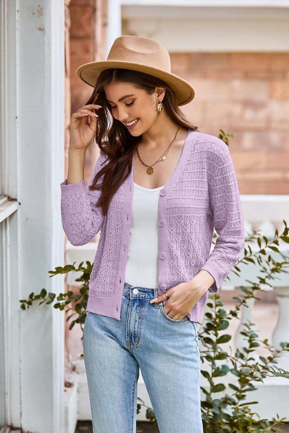 imageGRACE KARIN Women Lightweigt Cardigan 2026 Spring 34 Sleeve Crochet Sweaters Summer Cropped Knit Trendy Shrug TopsLilac Purple