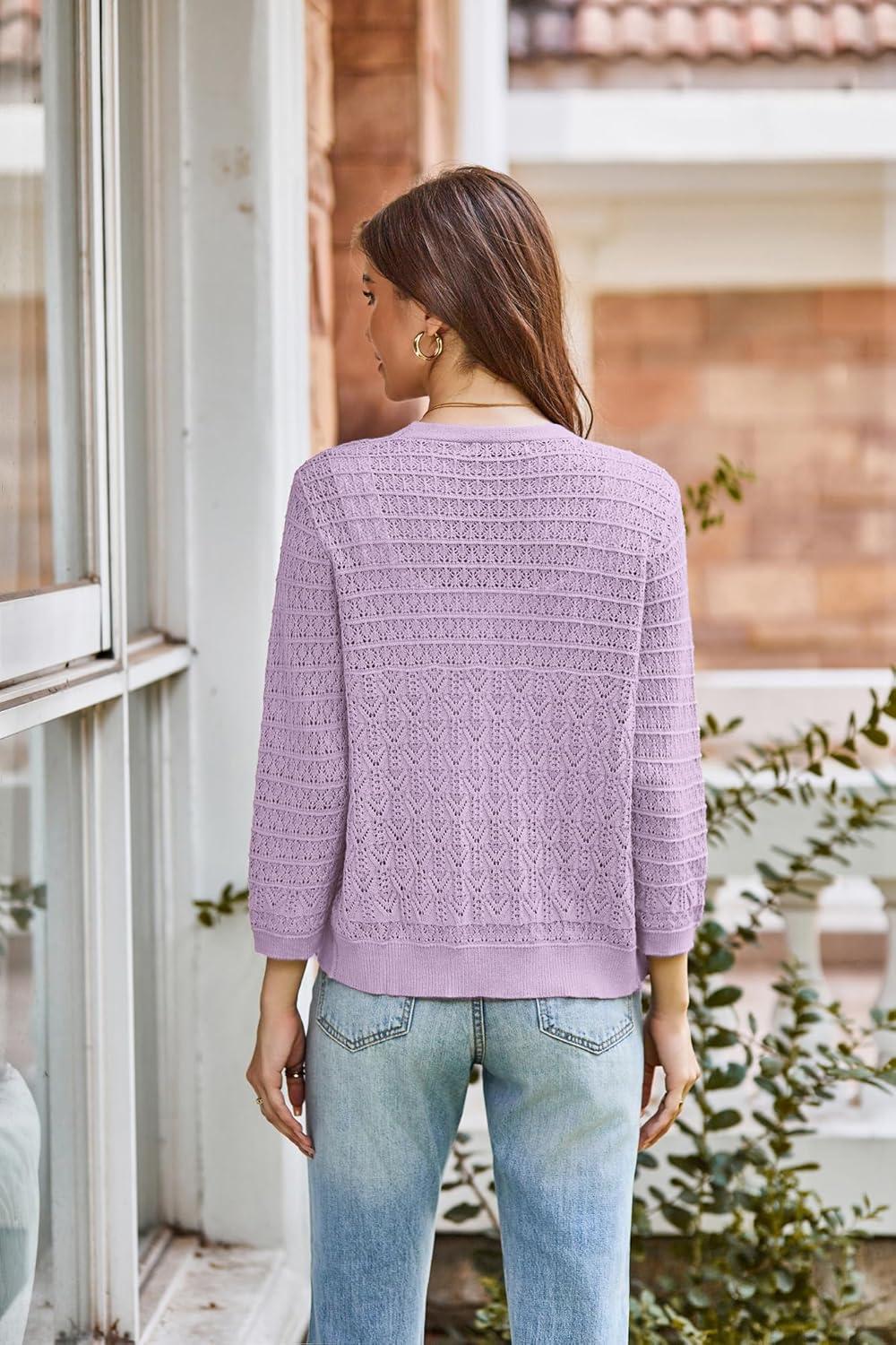imageGRACE KARIN Women Lightweigt Cardigan 2026 Spring 34 Sleeve Crochet Sweaters Summer Cropped Knit Trendy Shrug TopsLilac Purple