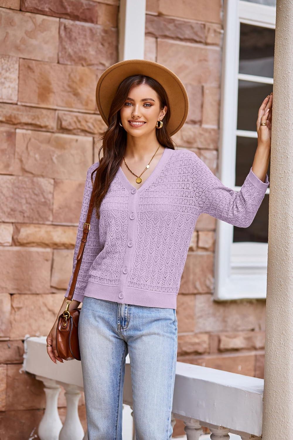 imageGRACE KARIN Women Lightweigt Cardigan 2026 Spring 34 Sleeve Crochet Sweaters Summer Cropped Knit Trendy Shrug TopsLilac Purple