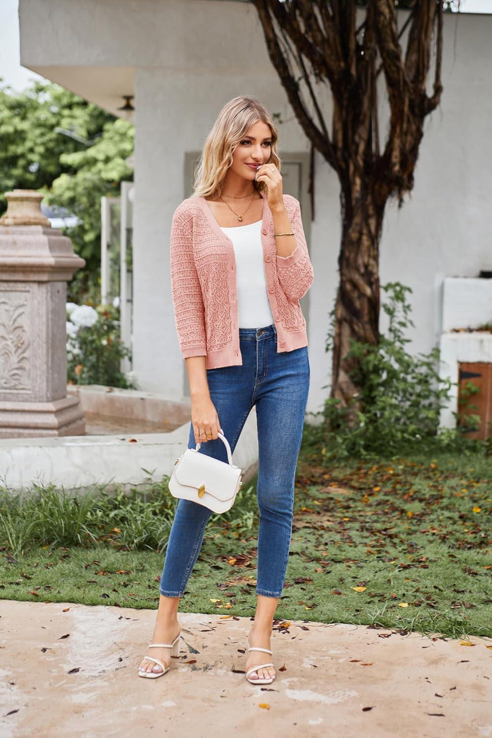 imageGRACE KARIN Women Lightweigt Cardigan 2026 Spring 34 Sleeve Crochet Sweaters Summer Cropped Knit Trendy Shrug TopsPink