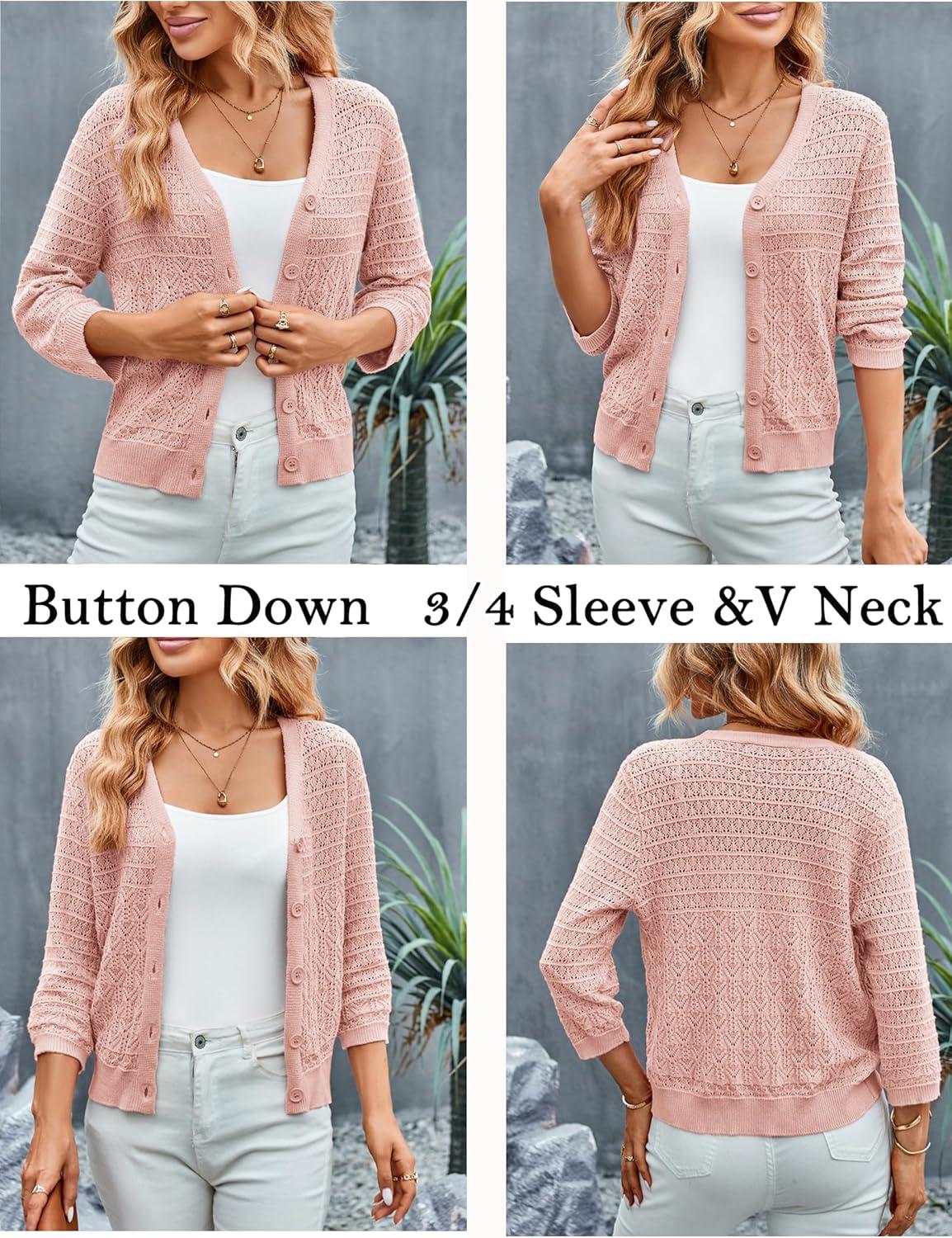 imageGRACE KARIN Women Lightweigt Cardigan 2026 Spring 34 Sleeve Crochet Sweaters Summer Cropped Knit Trendy Shrug TopsPink