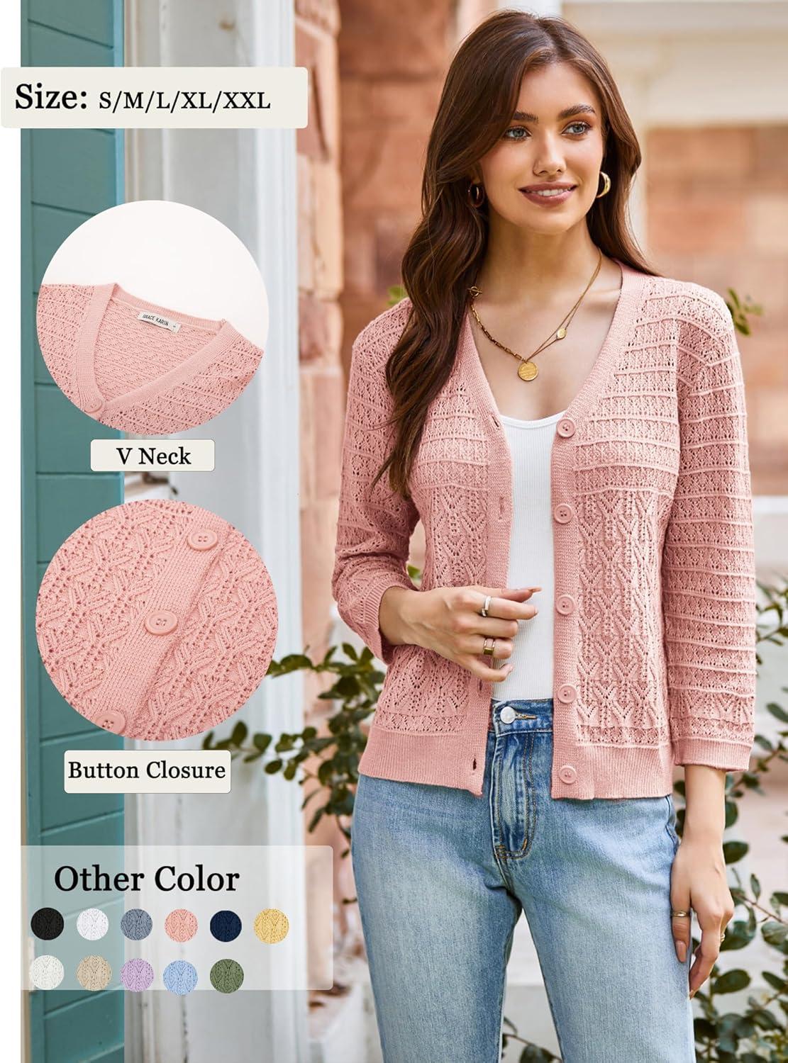 imageGRACE KARIN Women Lightweigt Cardigan 2026 Spring 34 Sleeve Crochet Sweaters Summer Cropped Knit Trendy Shrug TopsPink