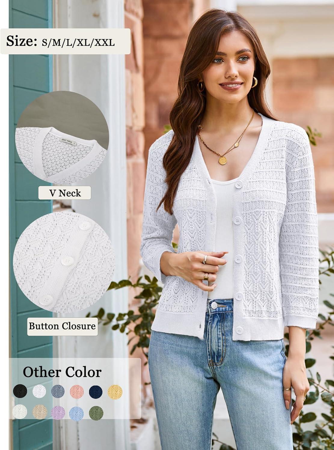 imageGRACE KARIN Women Lightweigt Cardigan 2026 Spring 34 Sleeve Crochet Sweaters Summer Cropped Knit Trendy Shrug TopsWhite