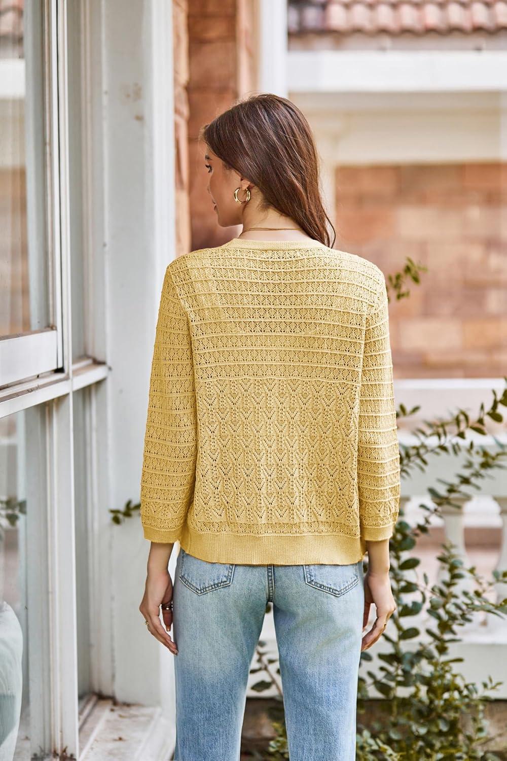 imageGRACE KARIN Women Lightweigt Cardigan 2026 Spring 34 Sleeve Crochet Sweaters Summer Cropped Knit Trendy Shrug TopsYellow