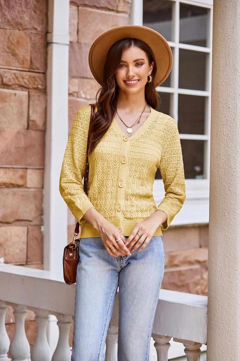 imageGRACE KARIN Women Lightweigt Cardigan 2026 Spring 34 Sleeve Crochet Sweaters Summer Cropped Knit Trendy Shrug TopsYellow