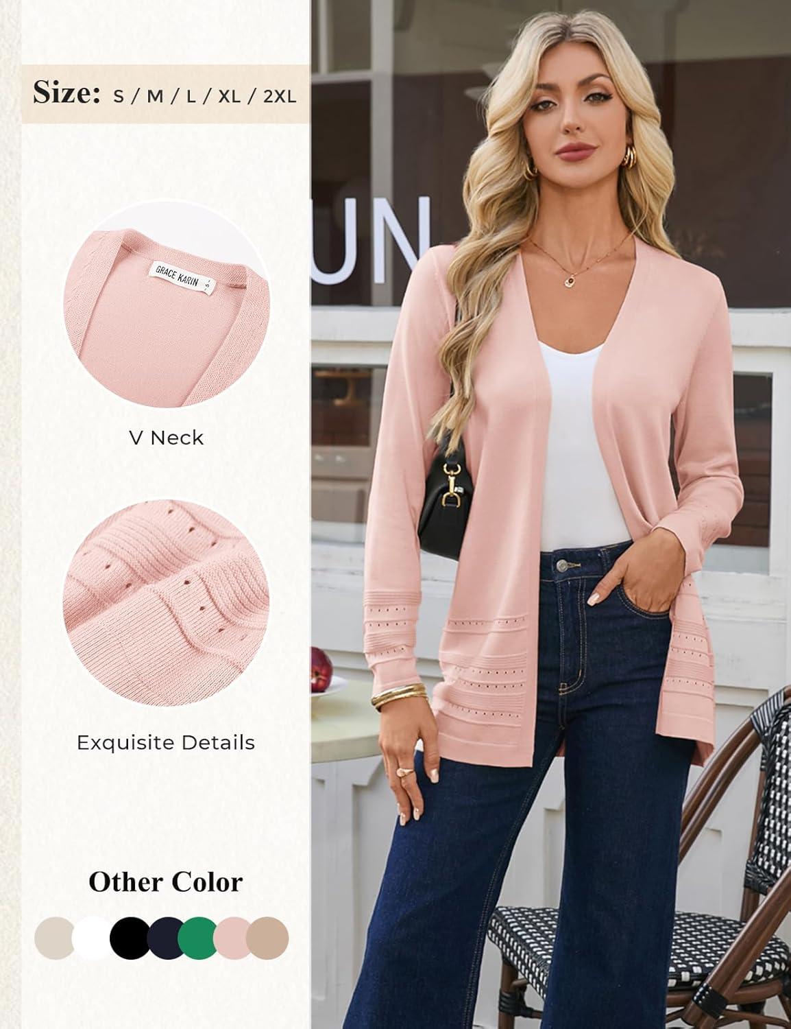 imageGRACE KARIN Women Long Cardigan Summer Lightweight Cardigans Long Sleeve V Neck Open Front Sweater 2026Pink