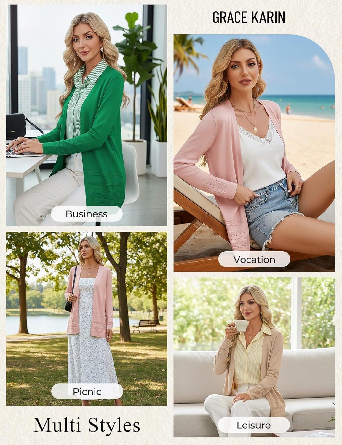 imageGRACE KARIN Women Long Cardigan Summer Lightweight Cardigans Long Sleeve V Neck Open Front Sweater 2026Pink