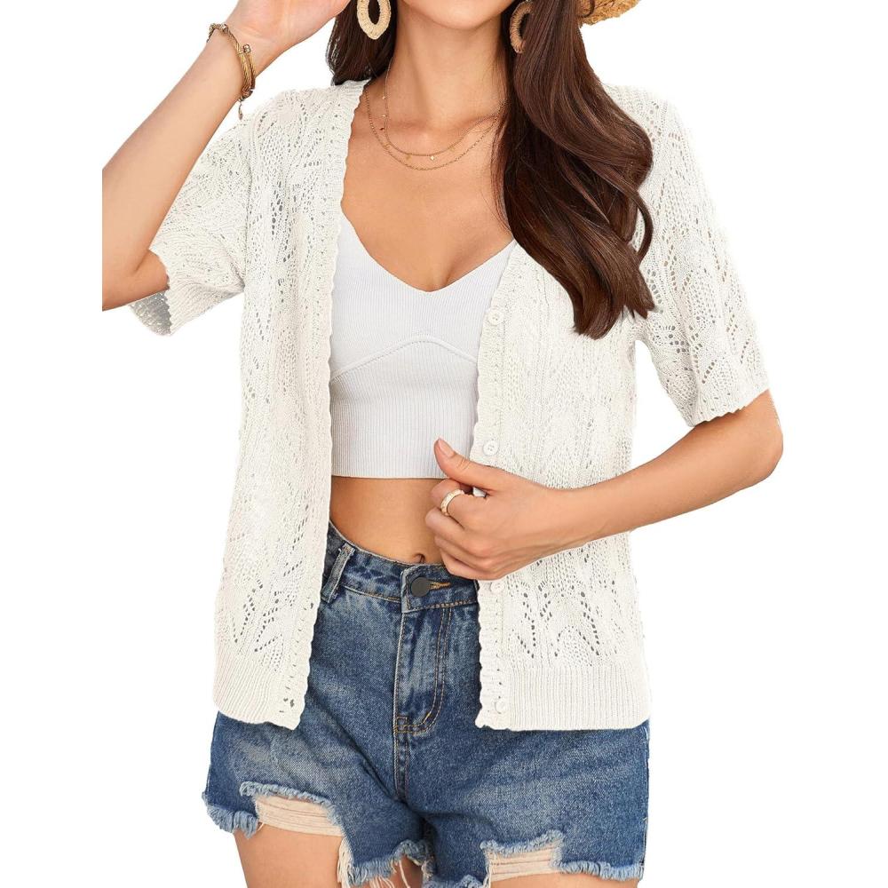 imageGRACE KARIN Short Sleeve Cardigan for Women Lightweight Summer Crochet Cropped Sweaters Button Open Front Knit Shrugs 2026Ivory White