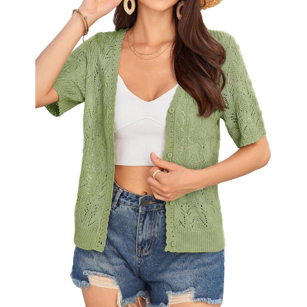 imageGRACE KARIN Short Sleeve Cardigan for Women Lightweight Summer Crochet Cropped Sweaters Button Open Front Knit Shrugs 2026Light Green