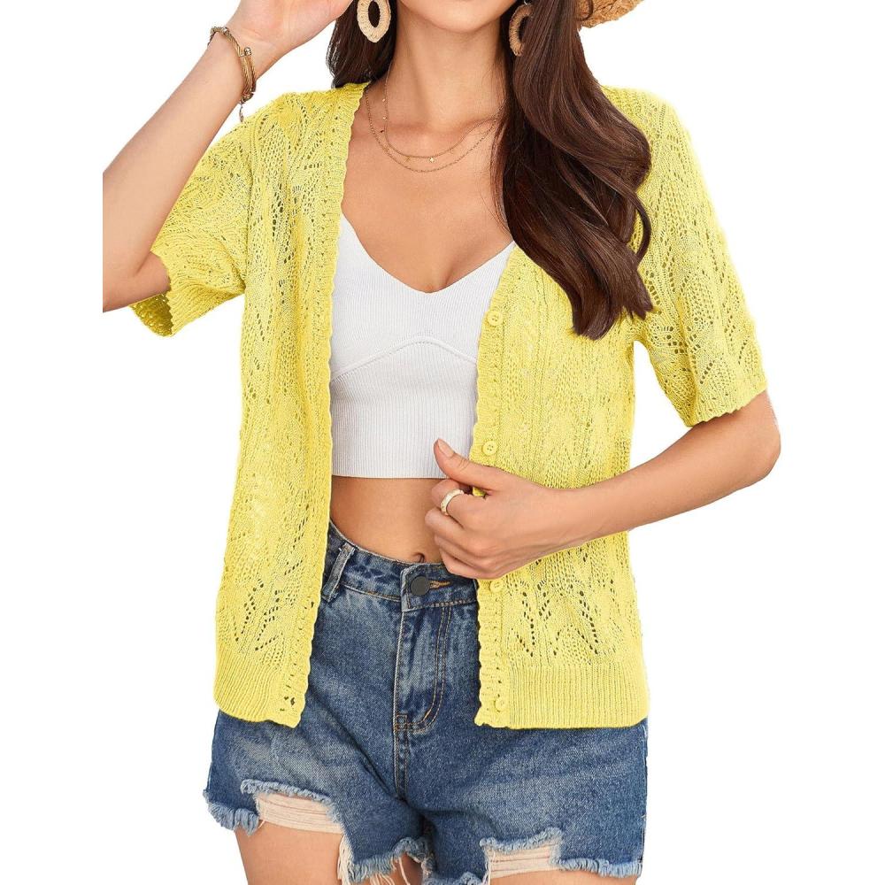 imageGRACE KARIN Short Sleeve Cardigan for Women Lightweight Summer Crochet Cropped Sweaters Button Open Front Knit Shrugs 2026Yellow