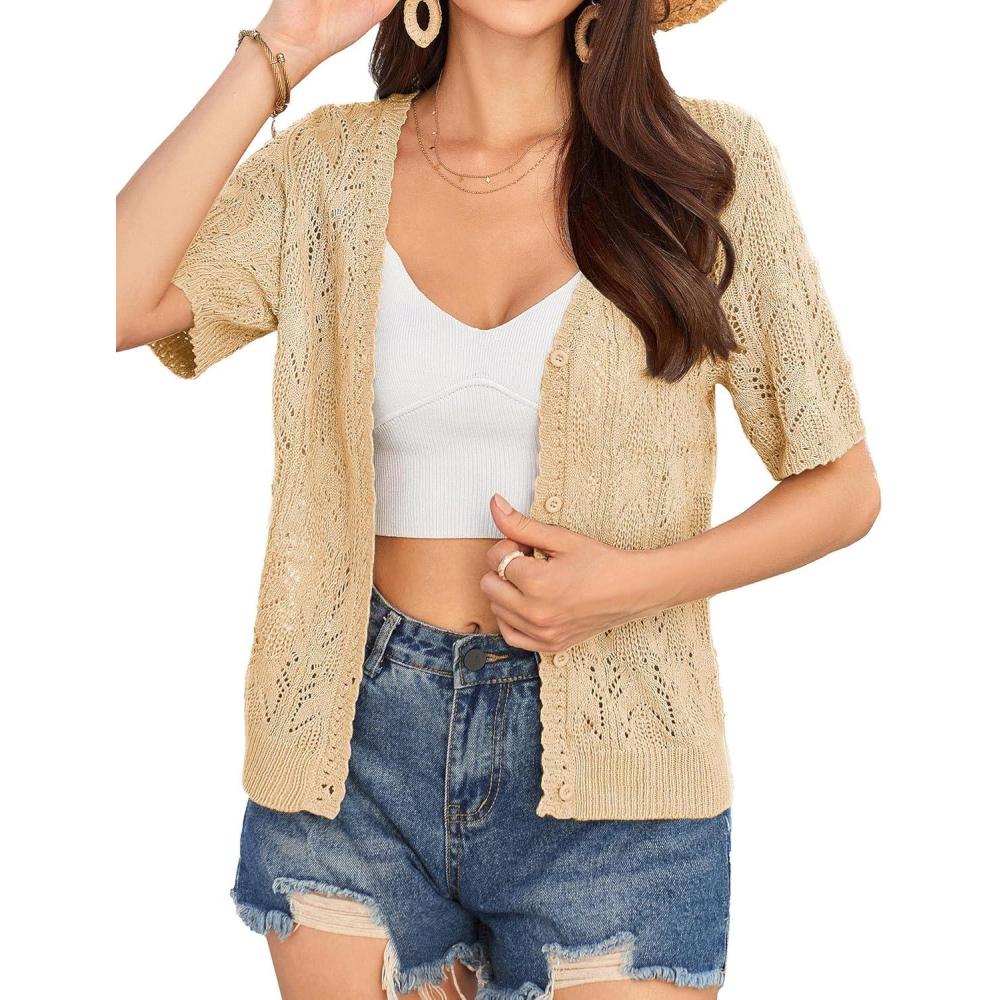 imageGRACE KARIN Short Sleeve Cardigan for Women Lightweight Summer Crochet Cropped Sweaters Button Open Front Knit Shrugs 2026Yellow Apricot