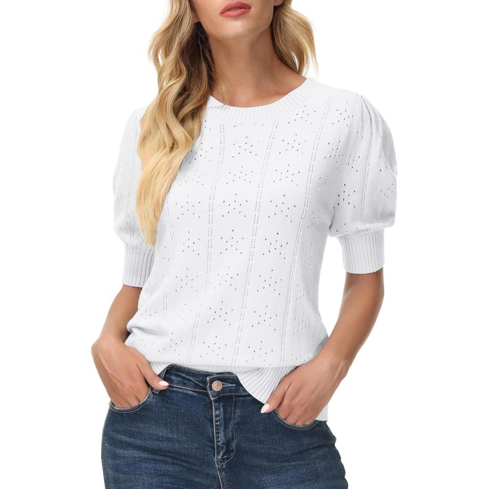 imageGRACE KARIN Summer Puff Short Sleeve Tops for Women 2026 Cute Crew Neck Crochet Blouse Dressy Casual Thin Pullover SweaterBright White