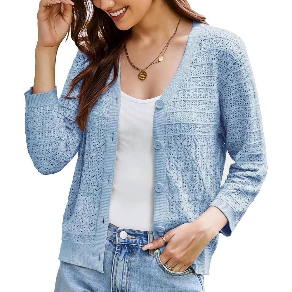 imageGRACE KARIN Women Lightweigt Cardigan 2026 Spring 34 Sleeve Crochet Sweaters Summer Cropped Knit Trendy Shrug TopsLight Blue