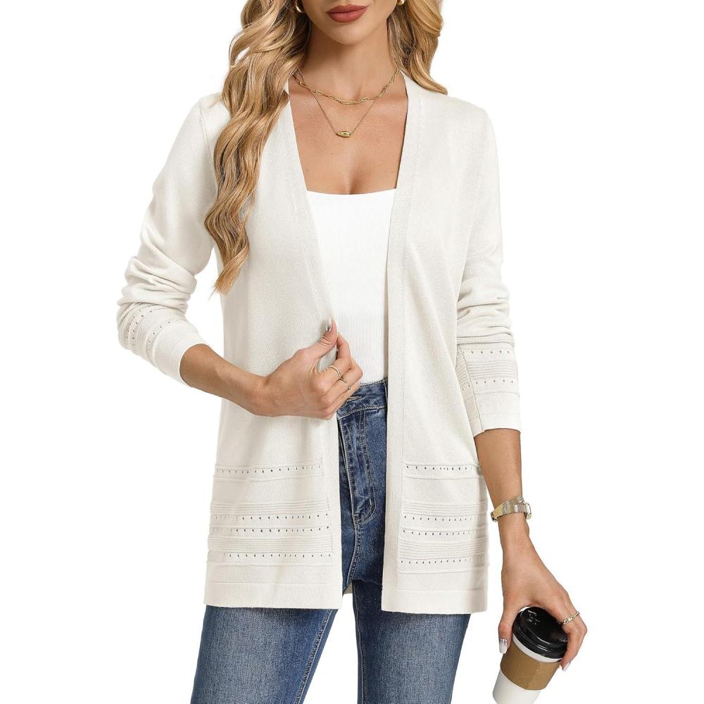 imageGRACE KARIN Women Long Cardigan Summer Lightweight Cardigans Long Sleeve V Neck Open Front Sweater 2026White